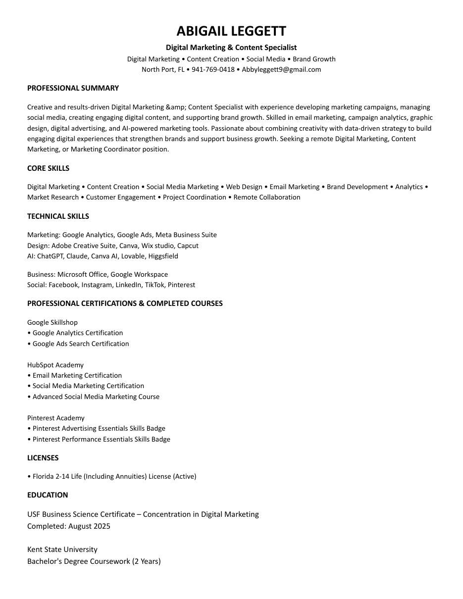 Abigail Leggett resume, page 1: professional summary, core skills, certifications and education